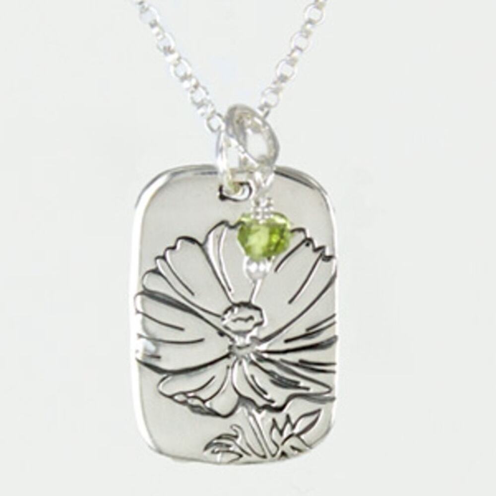 Far Fetched Peridot Cosmos Flower Quote Pendant Necklace 925 Sterling Silver